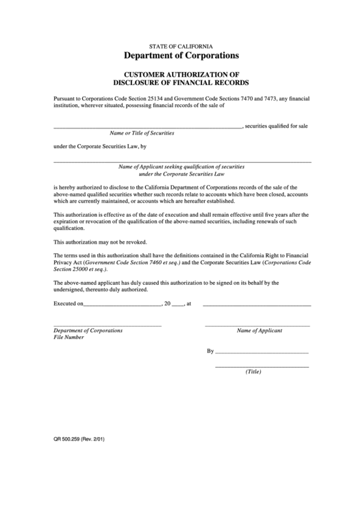 Customer Authorization Of Disclosure Of Financial Records Form - California Department Of Corporations Printable pdf