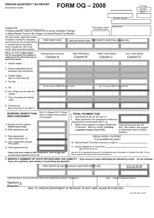 Form Oq - 2008 - Oregon Quarterly Tax Report Printable pdf