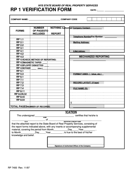 Rp 1 Verification Form - Nys State Board Of Real Property Services Printable pdf