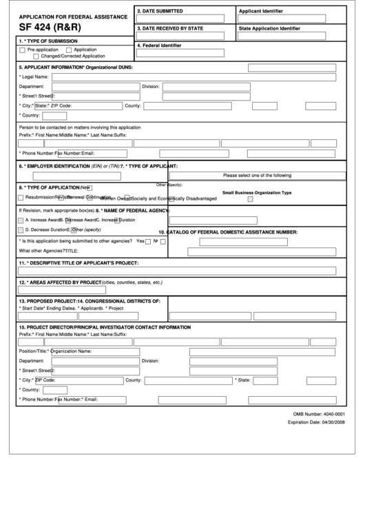 Sf 424 (R&r) - Application For Federal Assistance Printable pdf