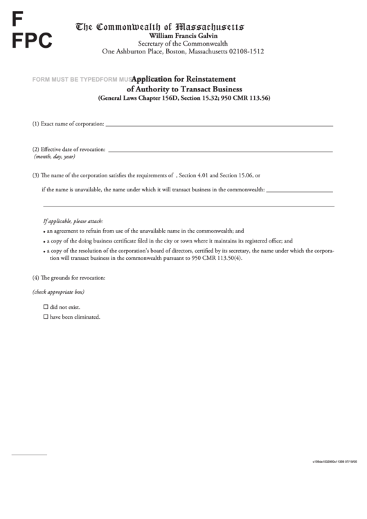 Fillable Application For Reinstatement Of Authority To Transact