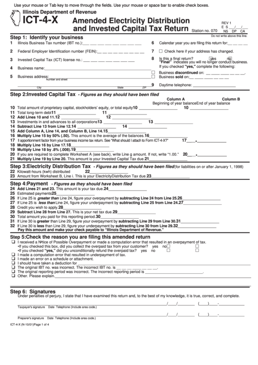 Fillable Form Ict-4-X - Amended Electricity Distribution And Invested Capital Tax Return Form - Illinois Department Of Revenue Printable pdf