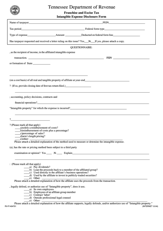 Form Rv-F1404701 - Franchise And Excise Tax Intangible Expense Disclosure Form - Tennessee Department Of Revenue Printable pdf