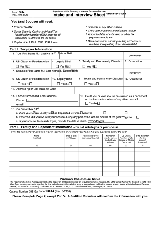 Fillable Form 13614 6/8 - Intake And Interview Sheet - Department Of The Treasury Printable pdf