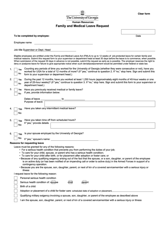 Fillable Family And Medical Leave Request Form - University Of Georgia Printable pdf