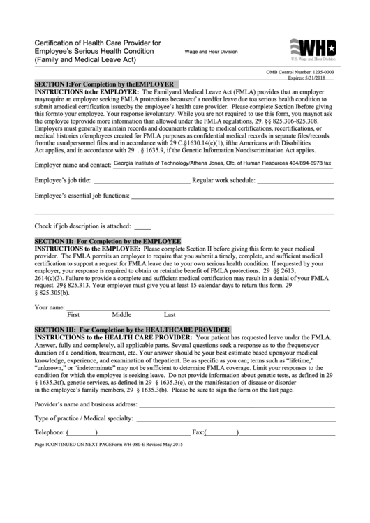 Form Wh-380-e Certification Of Employee's Serious Health Condition