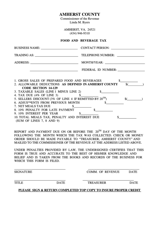 Food And Beverage Tax Form - Virginia Commissioner Of The Revenue Printable pdf