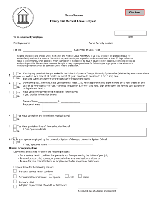 Fillable Family And Medical Leave Request Form - University Of Georgia Printable pdf