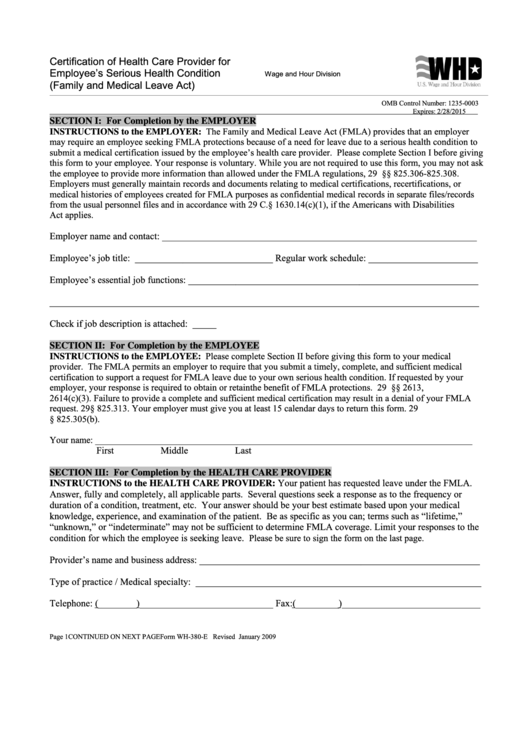 Fillable Form Wh 380 E Certification Of Health Care Provider For 