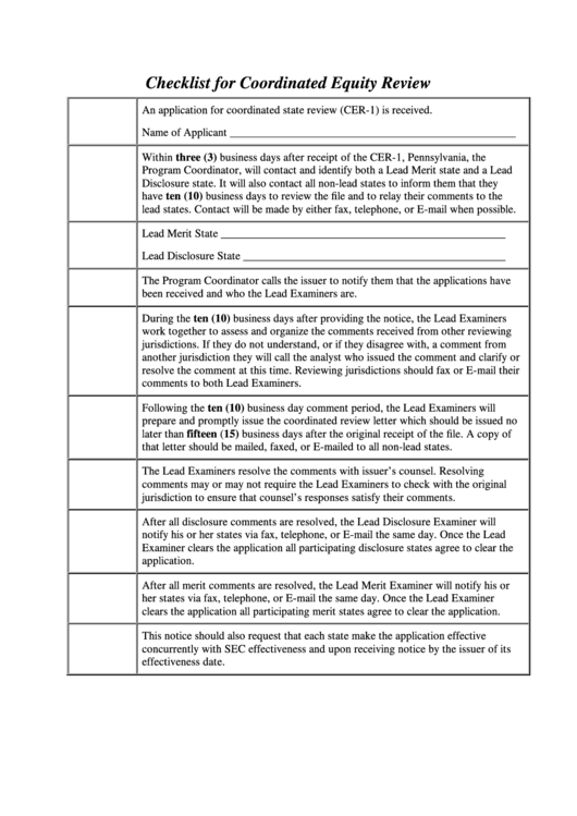 Checklist For Coordinated Equity Review Sheet - Pennsylvania Printable pdf