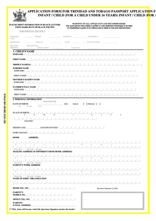 Application Form For Trinidad And Tobago Passport Infant / Child (for A Child Under 16 Years)