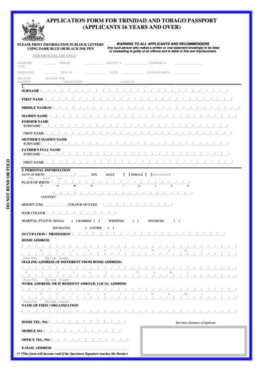 Fillable Application Form For Trinidad And Tobago Passport (Applicants 16 Years And Over) Printable pdf
