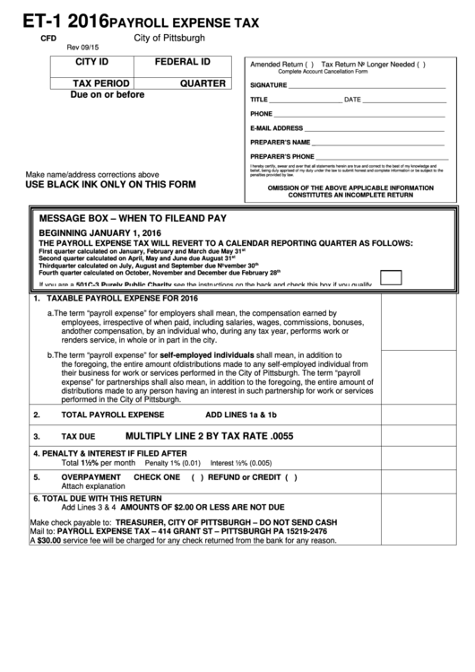 Form Et-1 - Payroll Expense Tax - City Of Pittsburgh - 2016 Printable pdf