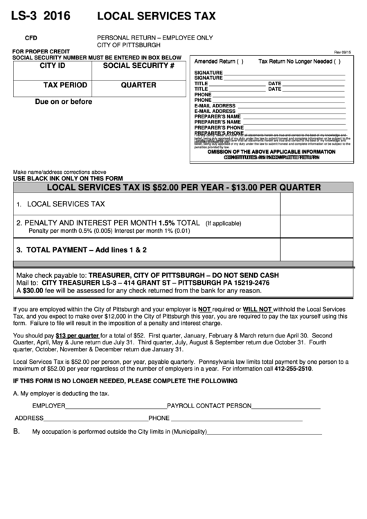 Form Ls-3 - Local Services Tax Personal Return - 2016 Printable pdf