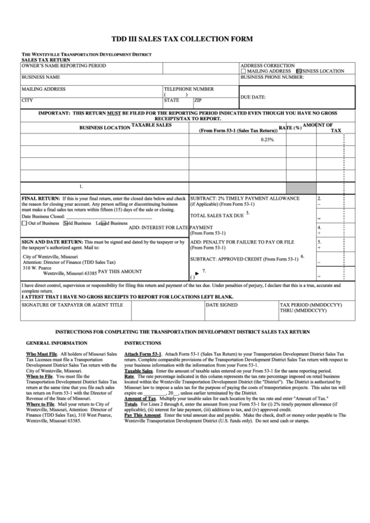 Tdd Iii Sales Tax Collection Form - The Wenzville Transportation Development District Printable pdf