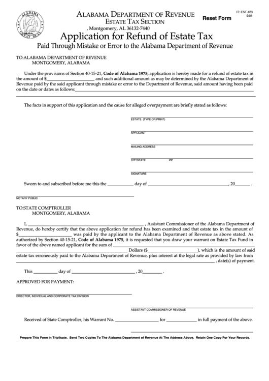 Fillable Form Est-123 - Application For Refund Of Estate Tax Form - Alabama Department Of Revenue Printable pdf
