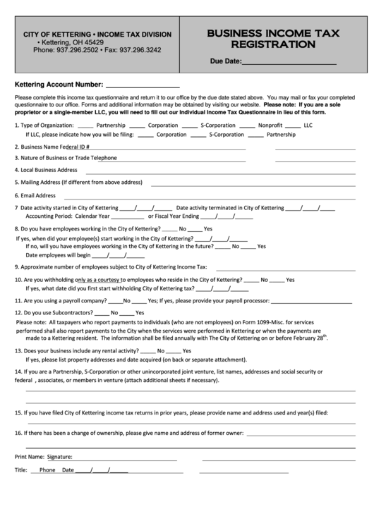 City Of Kettering -Business Income Tax Registration Form Printable pdf