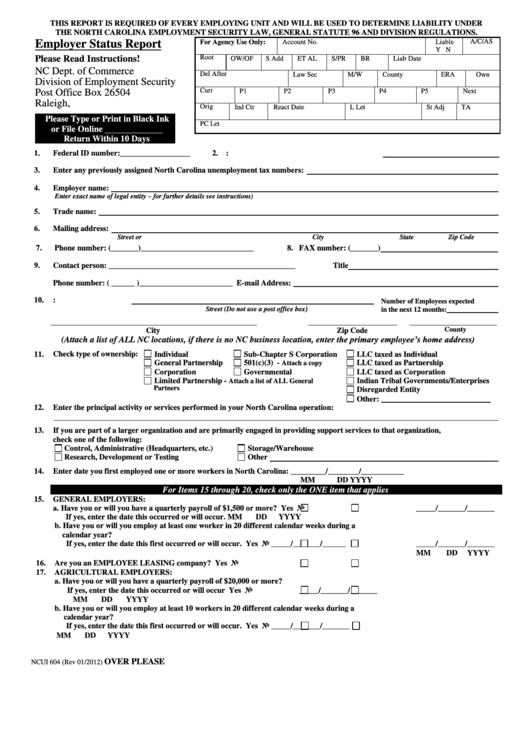 Fillable Form Ncui 604 - Employer Status Report - 2012 Printable pdf