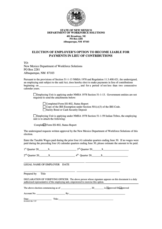 Form Es-802o - Election Of Employer