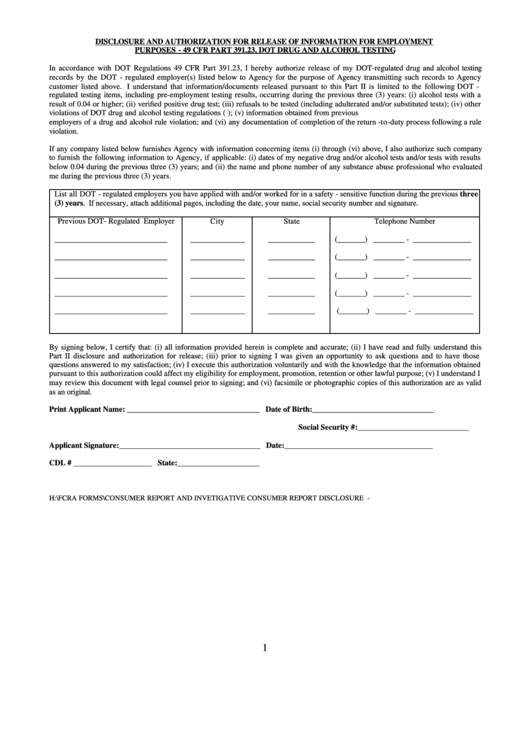 Dot Consumer Report And Investigative Consumer Report Disclosure Form Printable pdf