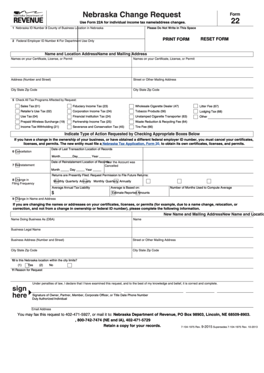 Fillable Form 22 - Nebraska Change Request - 2013 Printable pdf