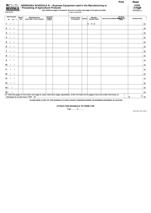 Fillable Form 775p - Business Equipment Used In The Manufacturing Or Processing Of Agricultural Products Nebraska Printable pdf