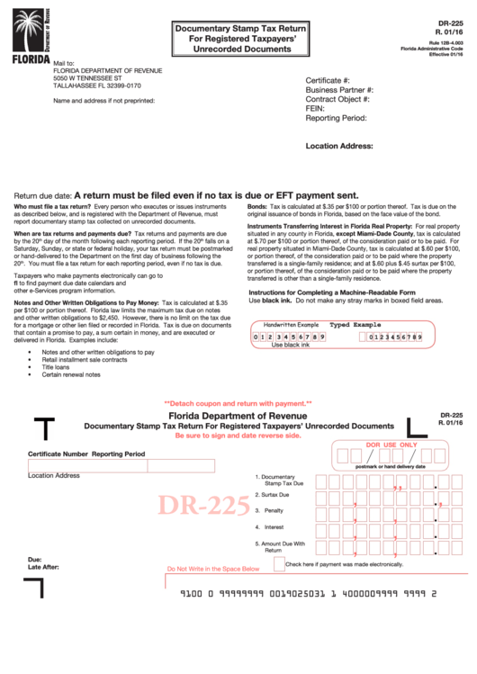 Form Dr-225 1/16 -Documentary Stamp Tax Return For Registered Taxpayers