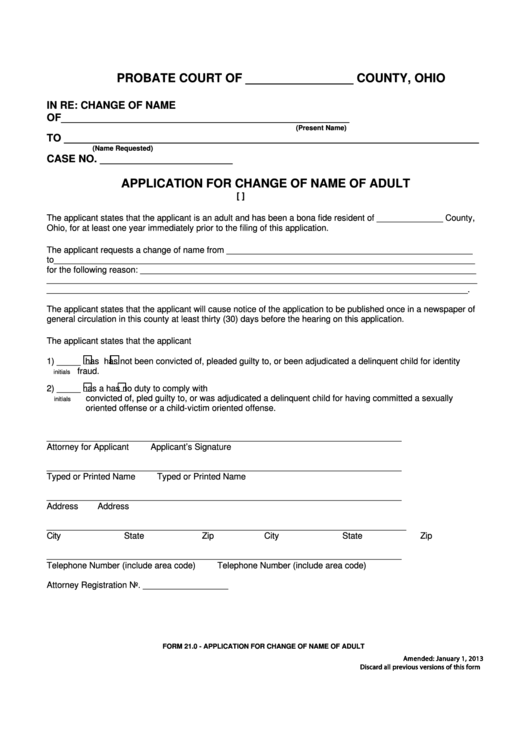 Fillable Application For Change Of Name Of Adult - Ohio Probate Court Printable pdf