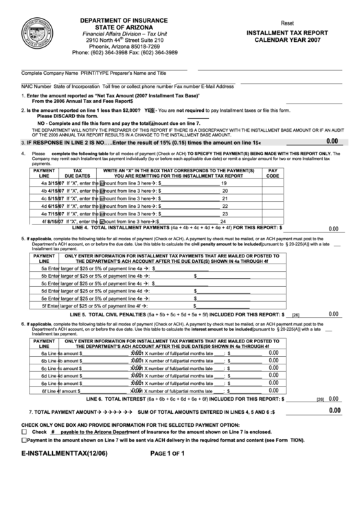 Fillable Installment Tax Report Form - Calendar Year 2007 Printable pdf