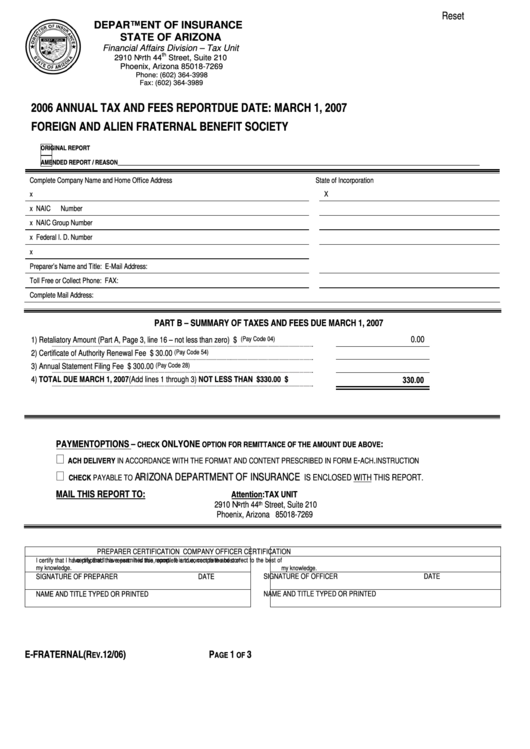Fillable 2006 Annual Tax And Fees Report Form (Foreign And Alien Fraternal Benefit Society) Printable pdf