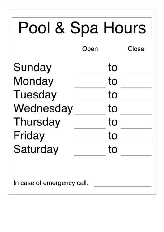 Pool And Spa Hours - Daily Sign Template Printable pdf