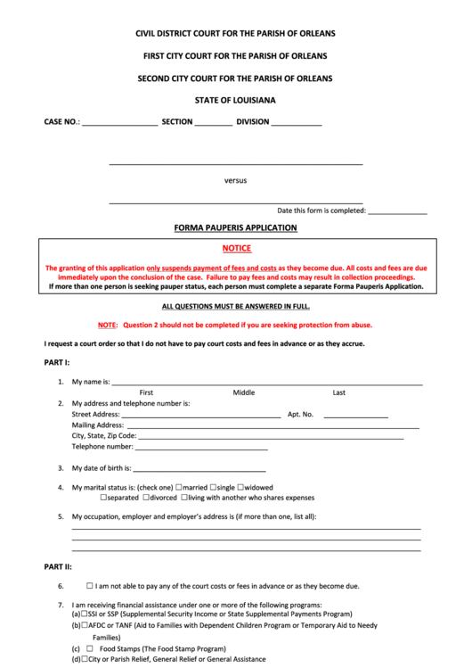 Forma Pauperis Application Form - Louisiana Court Printable pdf