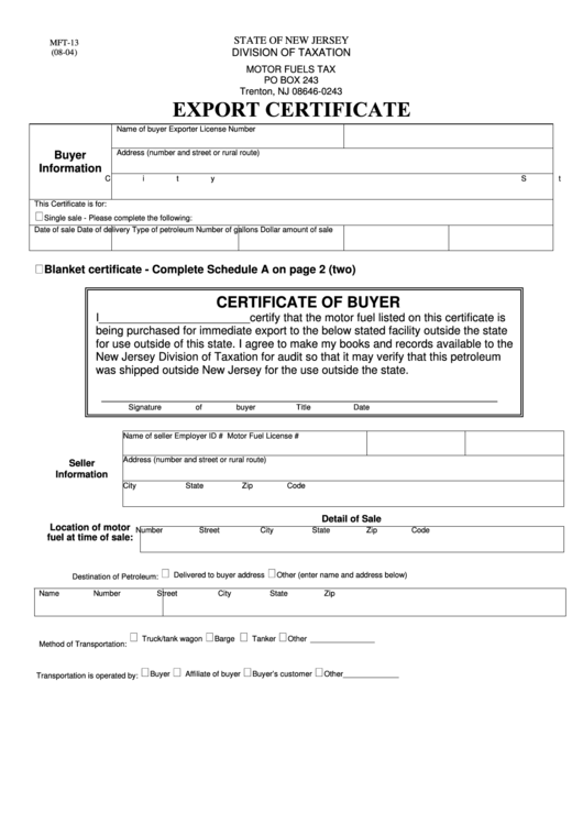 Fillable Form Mft-13 - Export Certificate Printable pdf