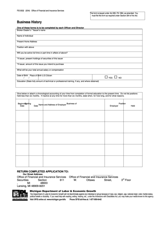 Fis 0532 5/04 Business History Form - Michigan Department Of Labor & Economic Growth Printable pdf