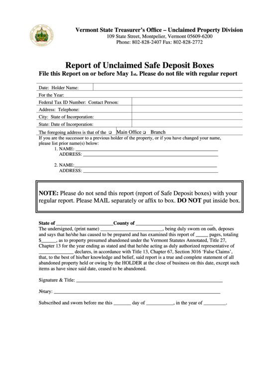 Report Of Unclaimed Safe Deposit Boxes Form - Vermont State Treasurer