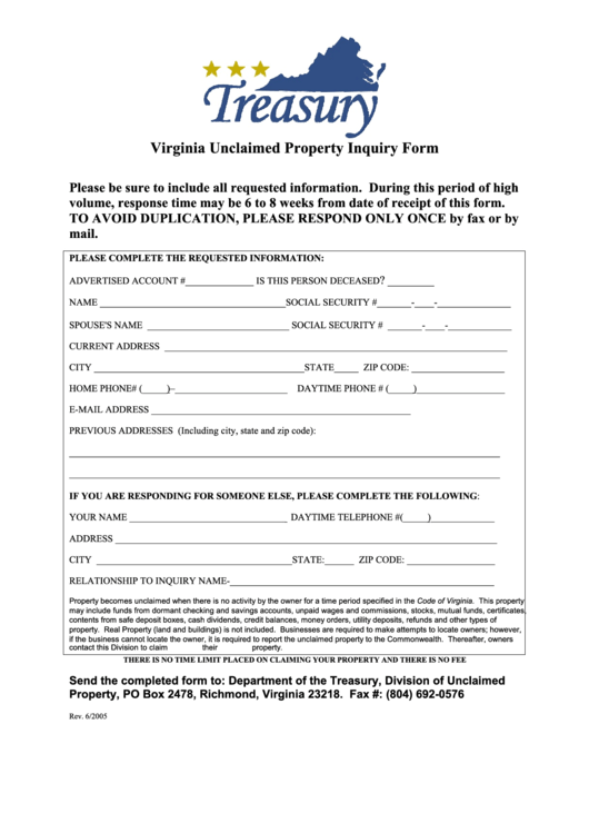 Virginia Unclaimed Property Inquiry Form - Department Of The Treasury Printable pdf