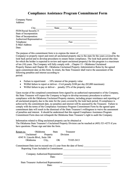 Fillable Compliance Assistance Program Commitment Form Printable pdf