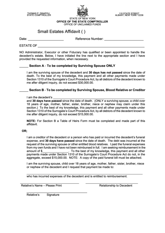 Small Estates Affidavit Form (S.c.p.a. Section 1310), Table Of Heirs - New York State Comptroller Printable pdf