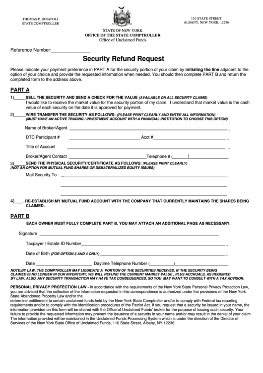 Security Refund Request Form - State Of New York - Office Of The State Comptroller Printable pdf