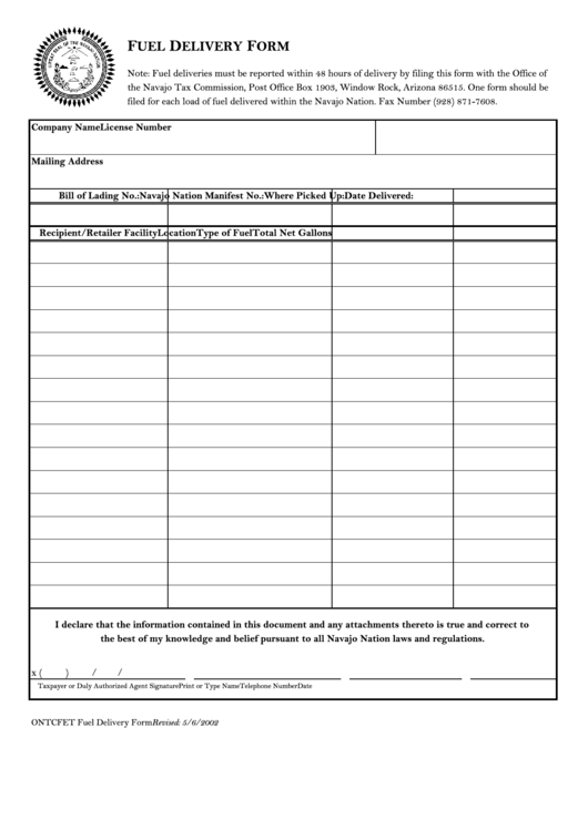 Fuel Delivery Form - Navajo Tax Commission Printable pdf