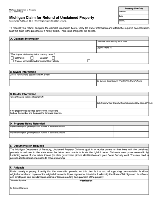 Form 3277 - Michigan Claim For Refund Of Unclaimed Property - 2002 Printable pdf
