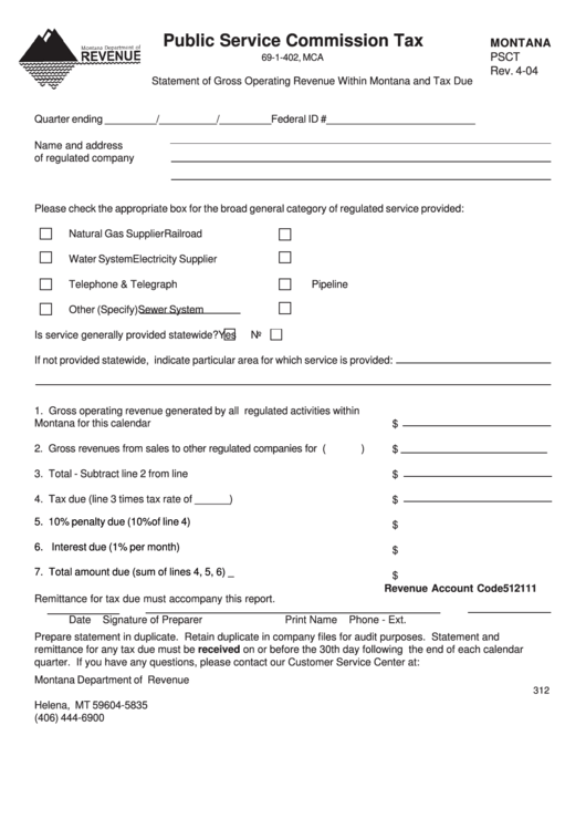 Fillable Montana Form Psct - Public Service Commission Tax Printable pdf