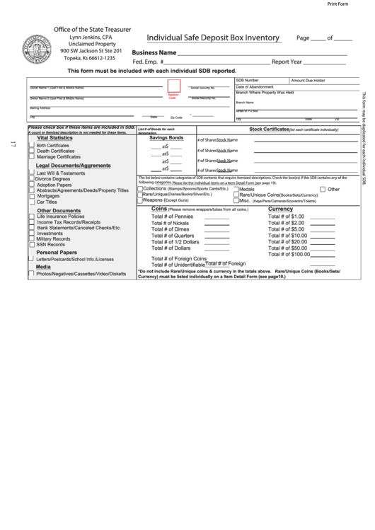 Fillable Individual Safe Deposit Box Inventory Form - Office Of The State Treasurer Kansas Printable pdf