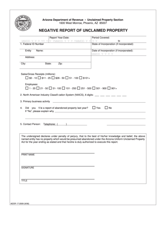 Fillable Form Ador 172009 Negative Report Of Unclaimed Property