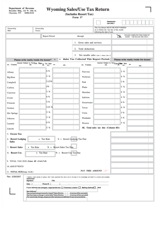 Form 17 - Wyoming Sales/use Tax Return Printable pdf
