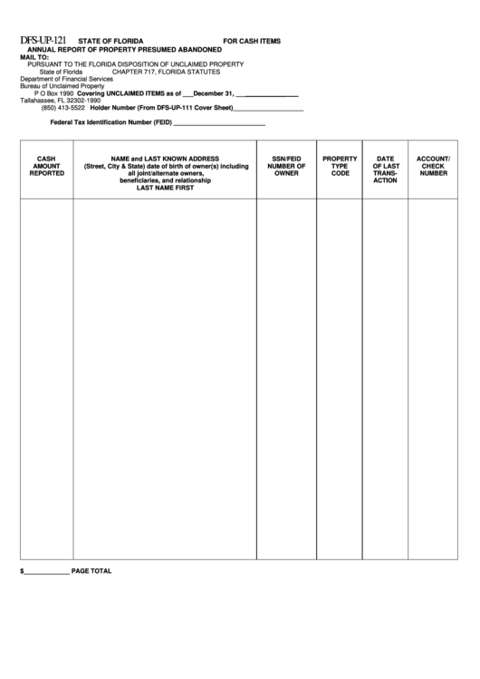 Dfs-Up-121 - Annual Report Of Property Presumed Abandoned Form - State Of Florida Department Of Financial Services Printable pdf