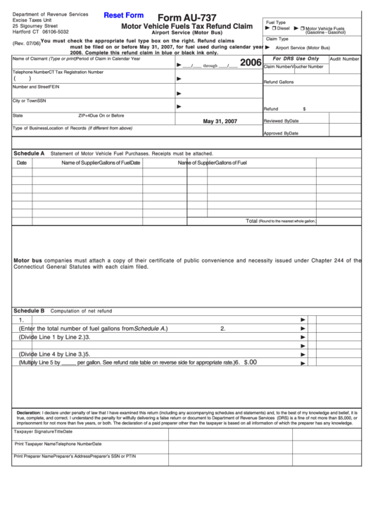 Fillable Form Au-737 - Motor Vehicle Fuels Tax Refund Claim - Airport Service (Motor Bus) - 2006 Printable pdf