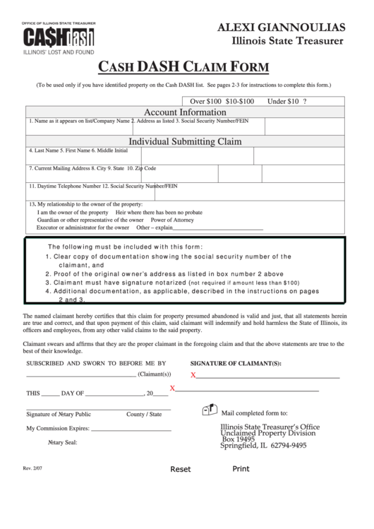 Fillable Cash Dash Claim Form - Illinois State Treasurer Printable pdf