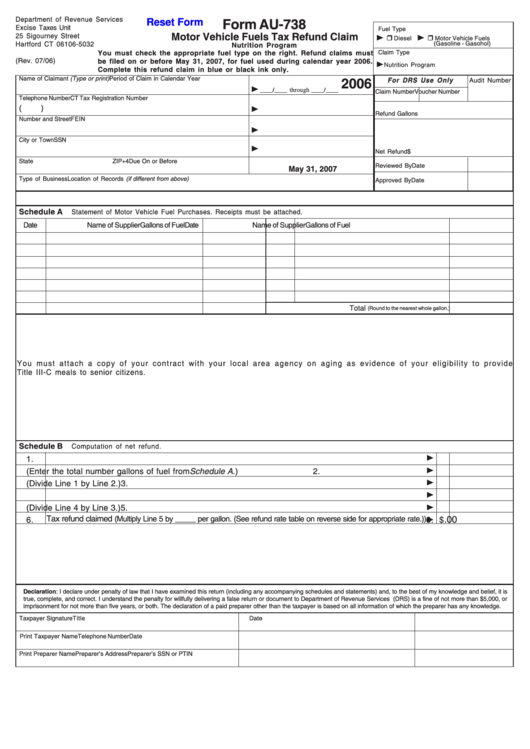 Fillable Form Au-738 - Motor Vehiclesfuels Tax Refund Claim - Nutrition Program - 2006 Printable pdf