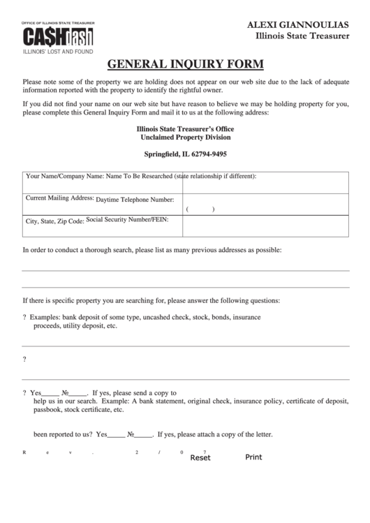 Fillable General Inquiry Form - Illinois State Treaurer Printable pdf